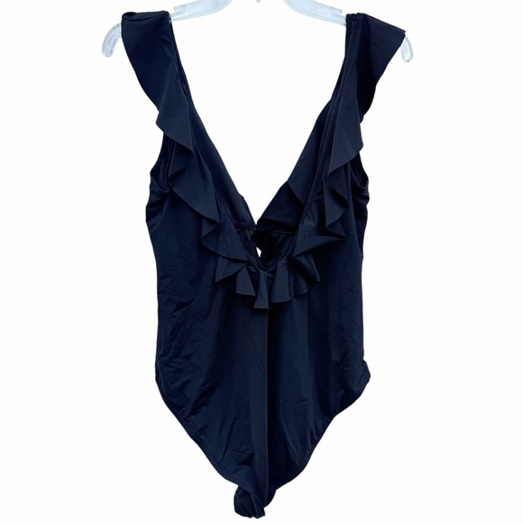 New White House Black Market WHBM One-piece Swimsuit Black Ruffles Sz large - Picture 3 of 5